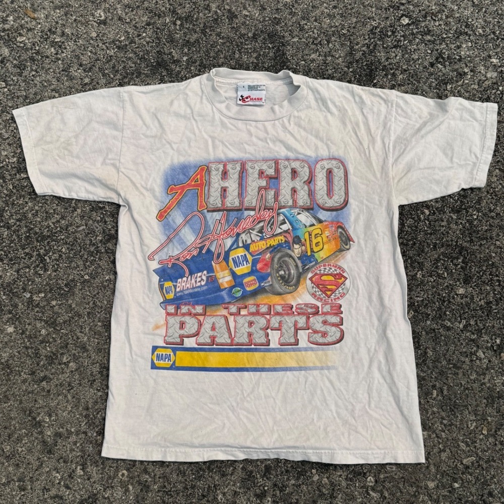Vintage Chase Authentics NASCAR Ron Hornaday‎ Superman T-Shirt White Small 1999